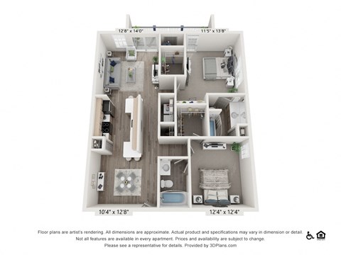 Floor plan for 2 beds, 2 baths, 1116 sqft